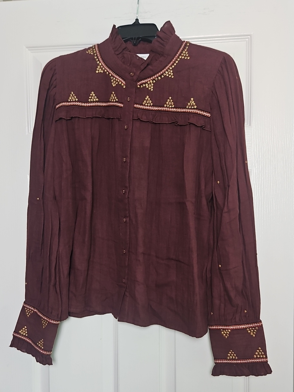 A Loves A Ruffled Embroidered‎ Long Sleeve Button Front Blouse: Rouge & Gold: XL